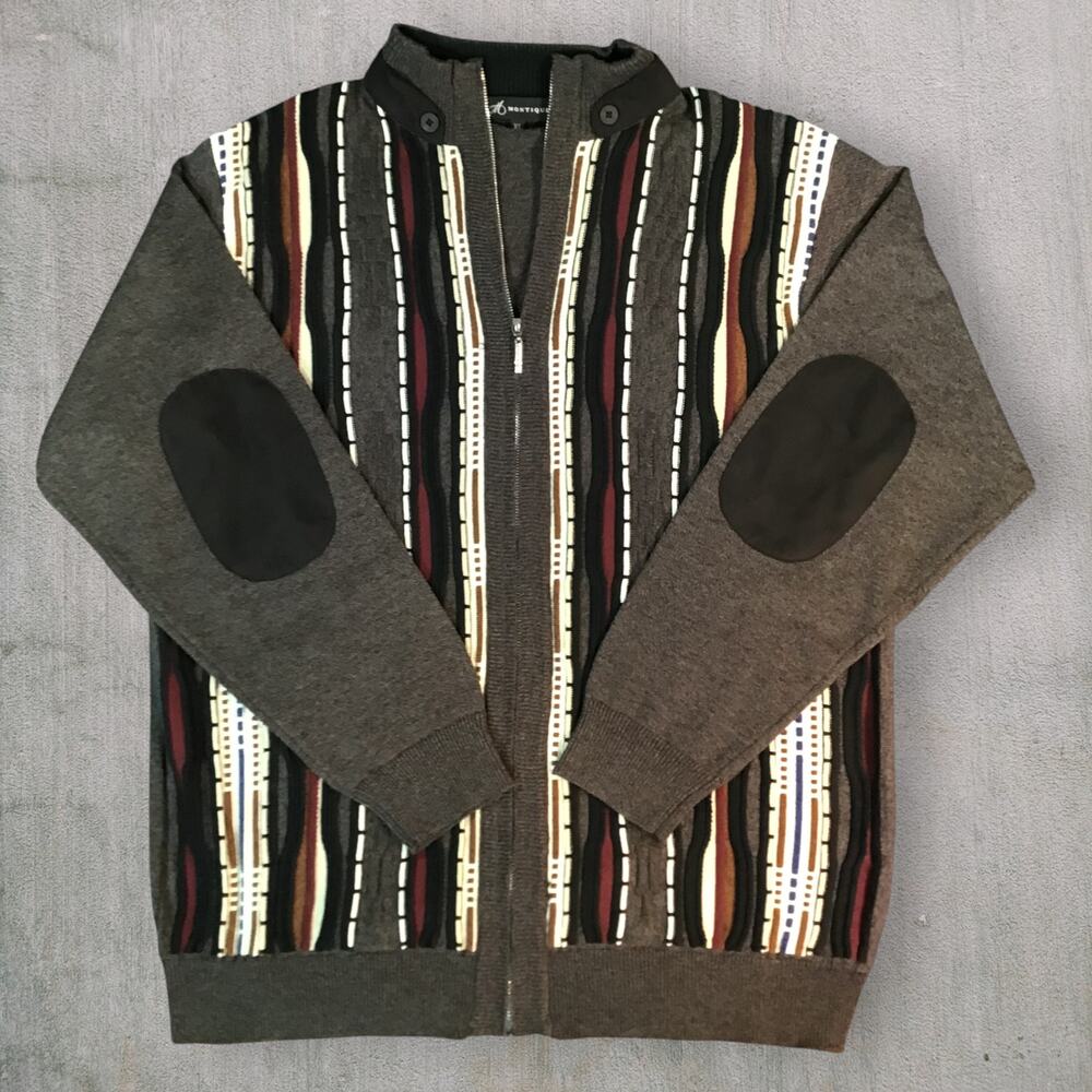 Montique XL 3D Texture Knit Zip Sweater Retro Multi-Color Pattern Hip Hop Biggie